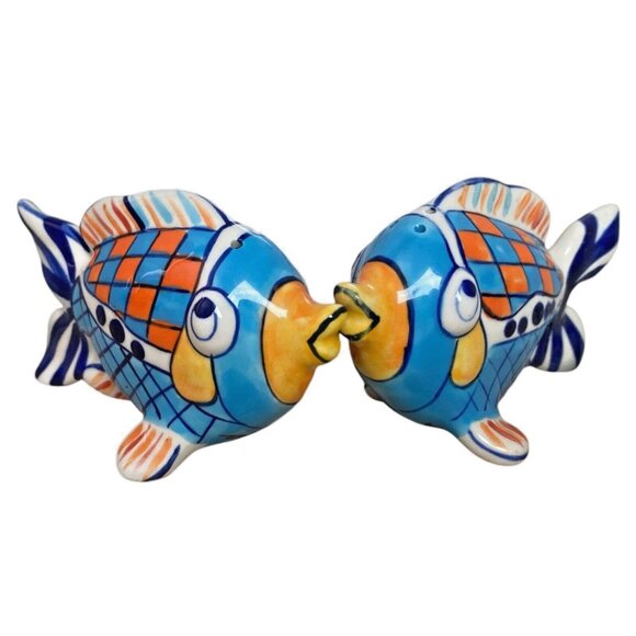 Blue Sky Diane Kissing Fish Figurine Pair Hand Painted Ceramic Coastal Decor - Picture 3 of 7